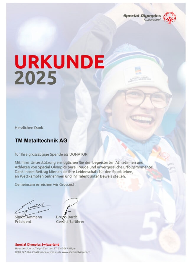 Urkunde für sportliche Leistung bei Special Olympics Schweiz im Jahr 2025.